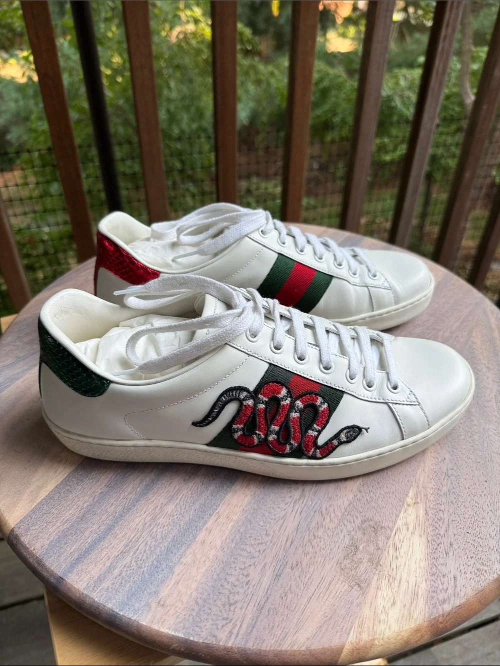 Gucci White Leather Ace Sneakers with Red & Green Web and Snake Embroidery